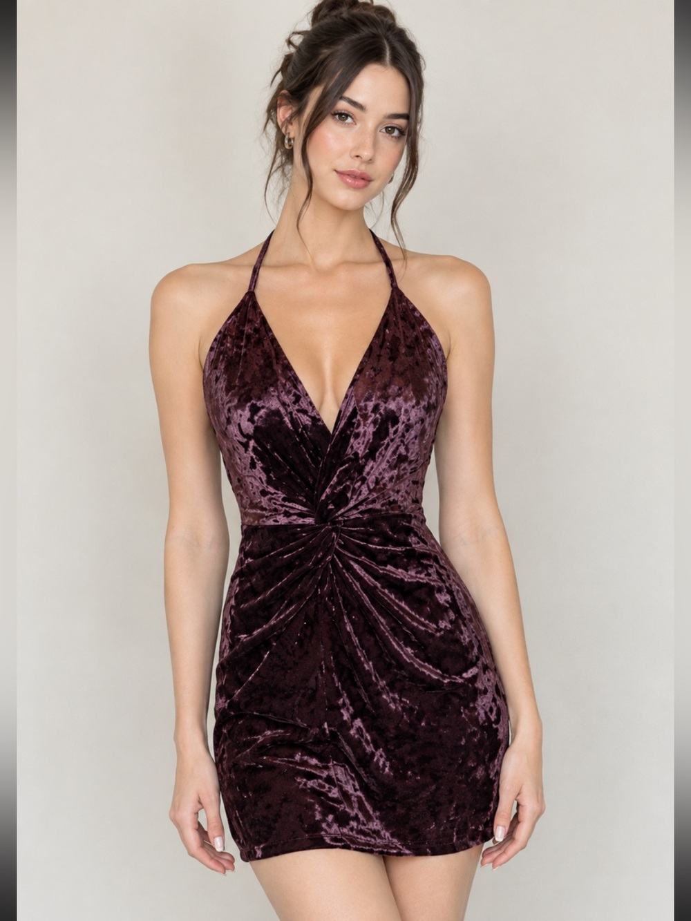 Zara NWT Deep Plum Velvet Halter Mini Dress
